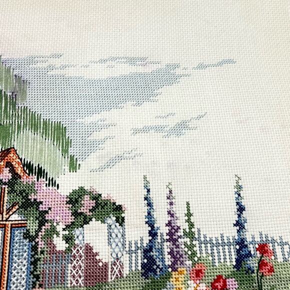 Vintage Handmade Cross Stitch Cottage Landscape Scene 18"x14" Unframed - Picture 4 of 10